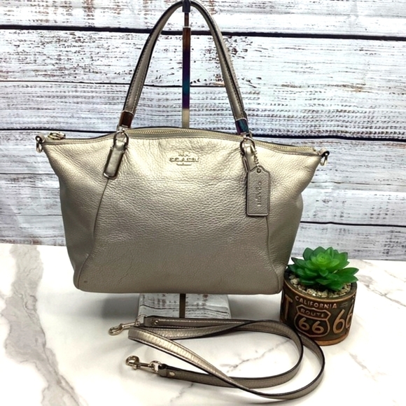 VINTAGE COACH #F34493 BAG KELSEY SATCHEL METALLIC BEIGE GOLD PURSE CROSSBODY GUC - Picture 1 of 16